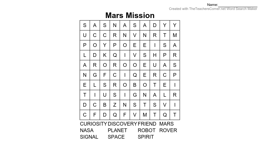 Word Search Mars Mission